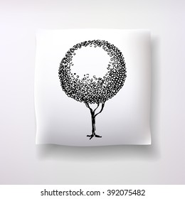 Realistic 3d throw pillow model with hand drawn tree print. Apartment interior design element. One of cushions collection isolated on a light background.