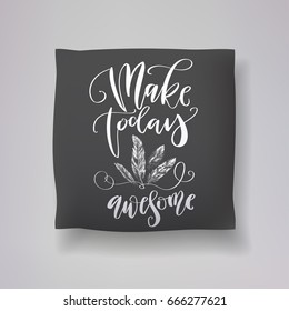 Realistic 3d throw pillow model with 'Make today awesome' lettering calligraphy and hand drawn feather print on a black background. Apartment interior design element. Cushions vector collection.