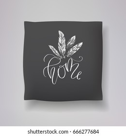 Realistic 3d throw pillow model with 'home' lettering calligraphy and hand drawn feather print on a black background. Apartment interior design element. Cushions vector collection.