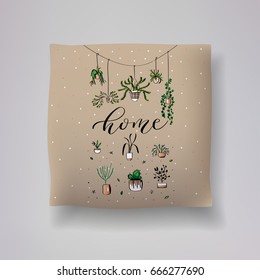 Realistic 3d throw pillow model with 'home' lettering calligraphy and hand drawn print with house plants elements. Apartment interior design element. Cushions vector collection.