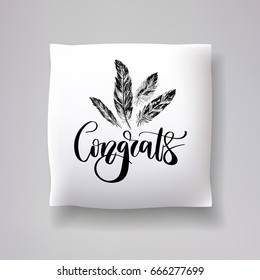 Realistic 3d throw pillow model with 'congrats' lettering calligraphy and hand drawn feather print on a white background. Apartment interior design element. Cushions vector collection.