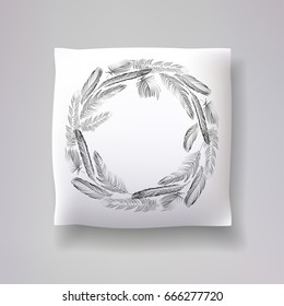 Realistic 3d throw pillow model with feather wreath print on a white background. Apartment interior design element. Cushions vector collection.