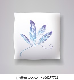 Realistic 3d throw pillow model with feather print on a white background. Apartment interior design element. Cushions vector collection.