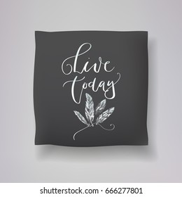 Realistic 3d throw pillow model with 'live today' lettering calligraphy and hand drawn feather print on a black background. Apartment interior design element. Cushions vector collection.