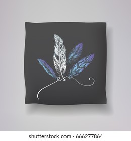 Realistic 3d throw pillow model with feather hand drawn print on a black background. Apartment interior design element. Cushions vector collection.