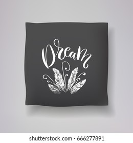 Realistic 3d throw pillow model with 'dream' lettering calligraphy and hand drawn feather print on a black background. Apartment interior design element. Cushions vector collection.