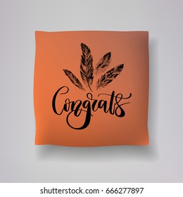 Realistic 3d throw pillow model with 'Congrats' lettering calligraphy and hand drawn feather print. Apartment interior design element. Cushions vector collection.