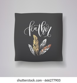 Realistic 3d throw pillow model with 'feather' lettering calligraphy print on a black background. Apartment interior design element. Cushions vector collection.