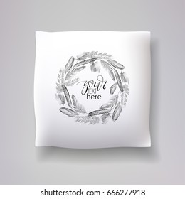 Realistic 3d throw pillow model with hand drawn feather wreath print on a white background. Apartment interior design element. Cushions vector collection.