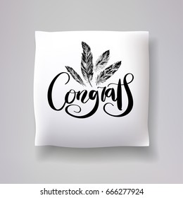 Realistic 3d throw pillow model with 'congrats' lettering calligraphy and hand drawn feather print on a white background. Apartment interior design element. Cushions vector collection.