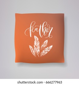 Realistic 3d throw pillow model with 'feather' lettering calligraphy print on copper orange background. Apartment interior design element. Cushions vector collection.