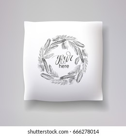 Realistic 3d throw pillow model with feather wreath on a white background. Apartment interior design element. Cushions vector collection.