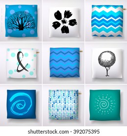 Realistic 3d throw pillow models with different prints and patterns. Apartment interior design elements. Cushions collection isolated on a light background.