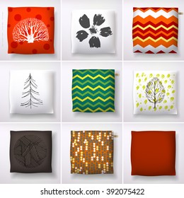 Realistic 3d throw pillow models with different prints and patterns. Apartment interior design elements. Cushions collection isolated on a light background.