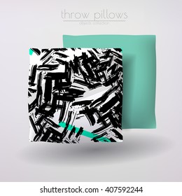 Realistic 3d throw pillow models with different prints and patterns. Apartment interior design elements set. Cushions vector collection.