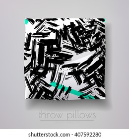 Realistic 3d throw pillow models with different prints and patterns. Interior design element. Cushion vector illustration.