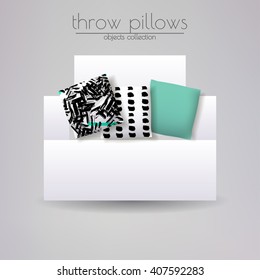 Realistic 3d throw pillow models with different prints and patterns. Apartment interior design elements set. Cushions lying on white sofa, vector illustration.