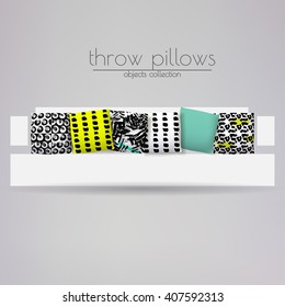 Realistic 3d throw pillow models with different prints and patterns. Apartment interior design elements set. Cushions lying on white sofa, vector illustration.