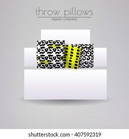 Realistic 3d throw pillow models with different prints and patterns. Apartment interior design elements set. Cushions lying on white sofa, vector illustration.