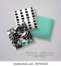 Realistic 3d throw pillow models with different prints and patterns. Apartment interior design elements set. Cushions vector collection.