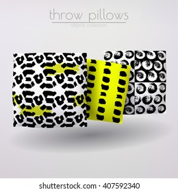 Realistic 3d throw pillow models with different prints and patterns. Apartment interior design elements set. Cushions vector collection.