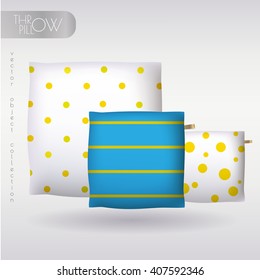 Realistic 3d throw pillow models with different prints and patterns. Apartment interior design elements set. Cushions vector collection.
