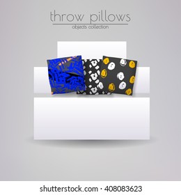 Realistic 3d throw pillow models with different prints and patterns. Apartment interior design elements set. Cushions lying on white sofa, vector illustration.