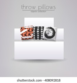 Realistic 3d throw pillow models with different prints and patterns. Apartment interior design elements set. Cushions lying on white sofa, vector illustration.