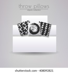 Realistic 3d throw pillow models with different prints and patterns. Apartment interior design elements set. Cushions lying on white sofa, vector illustration.