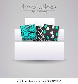 Realistic 3d throw pillow models with different prints and patterns. Apartment interior design elements set. Cushions lying on white sofa, vector illustration.