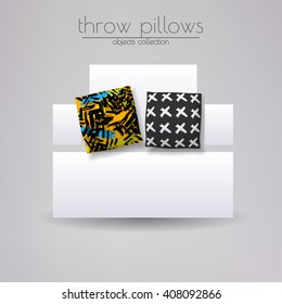 Realistic 3d throw pillow models with different prints and patterns. Apartment interior design elements set. Cushions lying on white sofa, vector illustration.