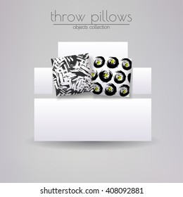 Realistic 3d throw pillow models with different prints and patterns. Apartment interior design elements set. Cushions lying on white sofa, vector illustration.