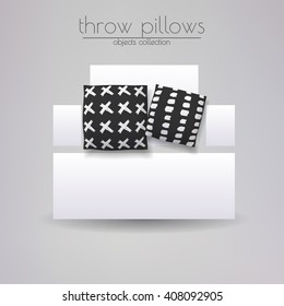 Realistic 3d throw pillow models with different prints and patterns. Apartment interior design elements set. Cushions lying on white sofa, vector illustration.