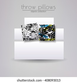 Realistic 3d throw pillow models with different prints and patterns. Apartment interior design elements set. Cushions lying on white sofa, vector illustration.