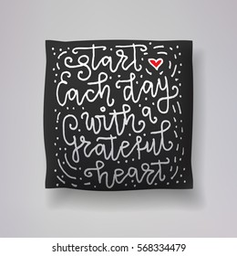 Realistic 3d throw pillow vector model with hand drawn print. Apartment interior design element. "Start each day with s grateful heart" - hand drawn lettering inscription.