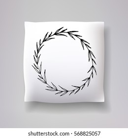 Realistic 3d throw pillow vector model with hand drawn wreath print. Apartment interior design element.