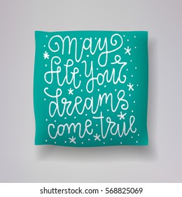 Realistic 3d throw pillow vector model with hand drawn print. Apartment interior design element. "May all your dreams come true" - hand drawn lettering inscription.