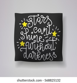 Realistic 3d throw pillow vector model with hand drawn print. Apartment interior design element. "Stars can't shine without darkness" - hand drawn lettering inscription.