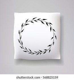 Realistic 3d throw pillow vector model with hand drawn wreath print. Apartment interior design element.