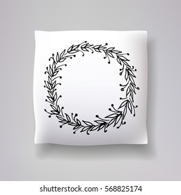 Realistic 3d throw pillow vector model with hand drawn wreath print. Apartment interior design element.