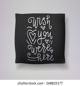 Realistic 3d throw pillow vector model with hand drawn print. Apartment interior design element. "Wish you were here" - hand drawn lettering inscription.