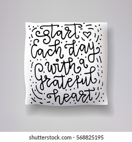 Realistic 3d throw pillow vector model with hand drawn print. Apartment interior design element. "Start each day with s grateful heart" - hand drawn lettering inscription.