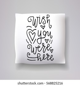 Realistic 3d throw pillow vector model with hand drawn print. Apartment interior design element. "Wish you were here" - hand drawn lettering inscription.