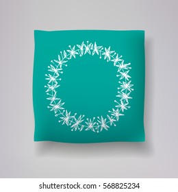 Realistic 3d throw pillow vector model with hand drawn wreath print. Apartment interior design element.