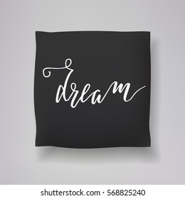 Realistic 3d throw pillow vector model with hand drawn print. Apartment interior design element. "Dream" - hand drawn lettering inscription.