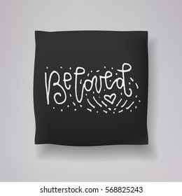 Realistic 3d throw pillow vector model with hand drawn print on a black background. Apartment interior design element. "Be loved" - hand drawn lettering inscription.