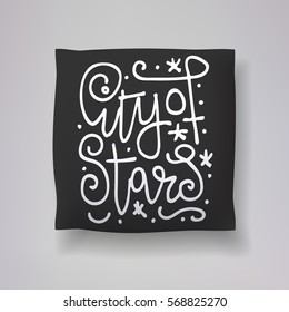 Realistic 3d throw pillow vector model with hand drawn print on a black background. Apartment interior design element. "City of stars" - hand drawn lettering inscription.