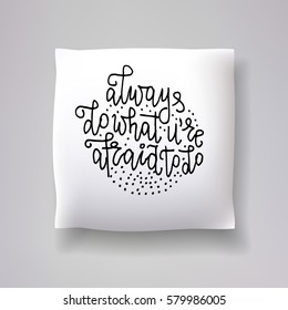 Realistic 3d throw pillow vector model with hand drawn print. Apartment interior design element.