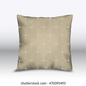 realistic 3d throw pillows with seamless pattern samples. Apartment interior design element. Cushion isolated on a gray background.