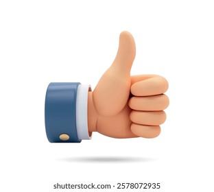 Realistic 3D thumbs-up hand wearing a blue cuff, isolated on a white background